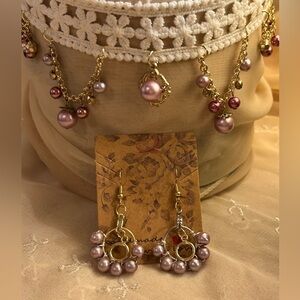 🌹White Lace Smokey Rose choker w/wire wrap earrings